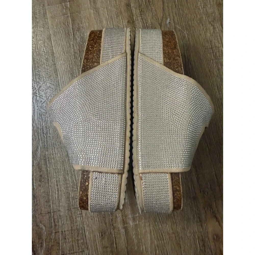 Forever 21 Rhinestone Platform Slide Sandals Tan Beige Double Buckle Size 8